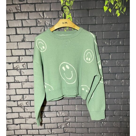 Altar'd State Seafoam Green Smiley Face Long Sleeved Crop Sweater M - Picture 2 of 4